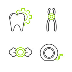 Sticker - Set line Dental floss, Candy, pliers and Tooth treatment procedure icon. Vector