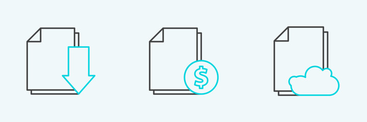 Poster - set line cloud storage text document, document with download and finance icon. vector