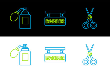 Poster - Set line Scissors hairdresser, Aftershave bottle with atomizer and Barbershop icon. Vector