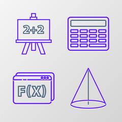 Wall Mural - Set line Geometric figure Cone, Function mathematical symbol, Calculator and Chalkboard icon. Vector