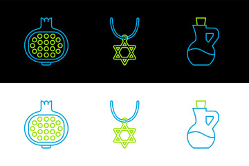 Poster - Set line Bottle of olive oil, Pomegranate and Star David necklace on chain icon. Vector