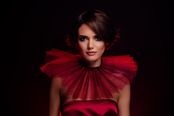 Photo of attractive woman wear red silky dress high collar fashion week art fabulous look modern trend stylish bride