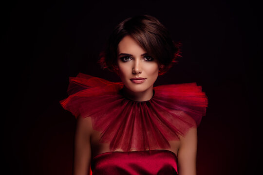 Photo of attractive woman wear red silky dress high collar fashion week art fabulous look modern trend stylish bride