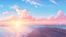 Pastel Anime-style Illustration Of A Waterfront At Golden Hour