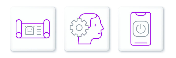 Poster - set line turn off robot from phone, robot blueprint and humanoid icon. vector