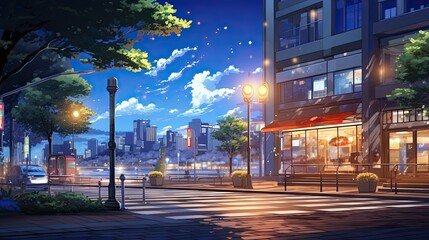 Beautiful anime-style illustration of a city street at night