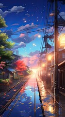 Wall Mural - Beautiful anime-style illustration of a railway at golden hour