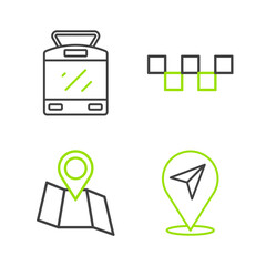 Sticker - Set line Location, Folded map with location, Taxi car roof and Tram and railway icon. Vector