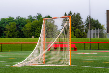 Wall Mural - Dramatic late afternoon photo of a lacrosse goal on a synthetic turf field.	