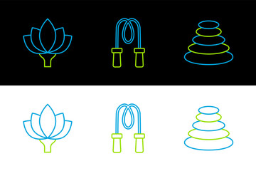 Canvas Print - Set line Stack hot stones, Lotus flower and Jump rope icon. Vector