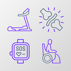 Canvas Print - Set line Woman in wheelchair, Smart watch, Joint pain, knee pain and Treadmill machine icon. Vector