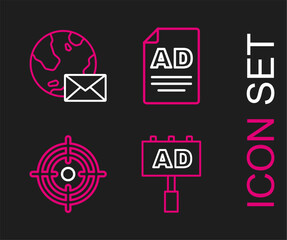 Poster - Set line Advertising, Target, and Earth globe with mail icon. Vector