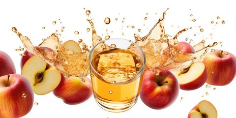 Poster - White background with apple juice spilling out in slices