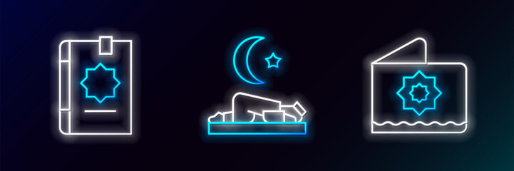 Sticker - Set line Octagonal star, Holy book of Koran and Muslim man prays icon. Glowing neon. Vector