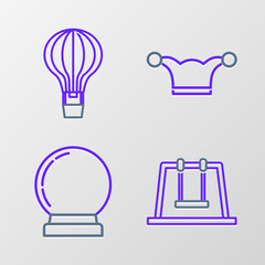 Poster - Set line Swing, Magic ball, Jester hat with bells and Hot air balloon icon. Vector