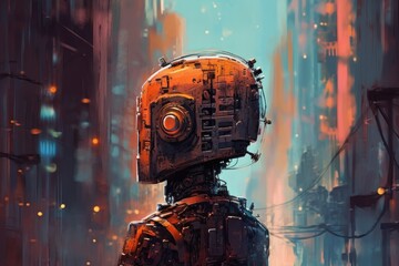 Wall Mural - Robot from the distant future illustrated. A fantasy of cyberpunk with a touch of modern abstract. An example of a possible future robot