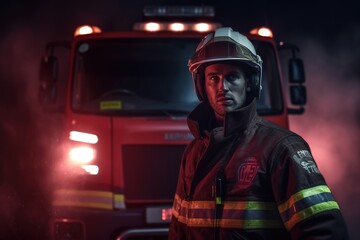 Portrait of a male firefighter on the background of a fire engine.