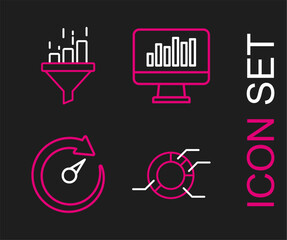 Poster - Set line Pie chart infographic, Digital speed meter, Monitor with and Sales funnel icon. Vector