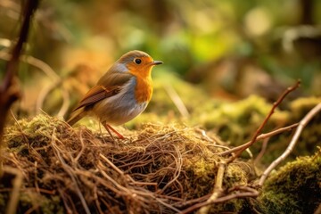 Poster - in the border of the woods, a lovely robin (erithacus rubecula) swallows an earthworm it found in th