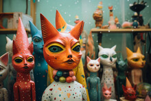 Whimsical, Surreal, Handcrafted Paper Mache Sculptures, Pop Of Bright Colors, Displayed In An Artist's Loft, Eclectic And Quirky, Playful Mood