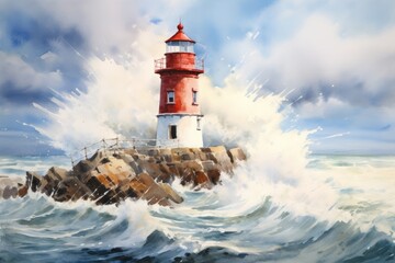 Wall Mural - In this watercolor painting, a red and white lighthouse stands out against a blue sky and crashing seas.