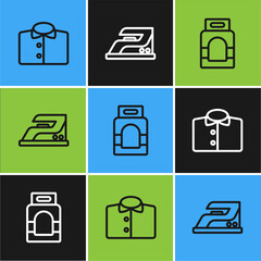 Sticker - Set line T-shirt, Laundry detergent and Electric iron icon. Vector