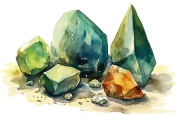 Sticker - Serpentine-shaped gemstones shown in watercolor. green mineral-containing rocks. crystals have healing qualities. gemstones related to the signs of the zodiac and the seasons