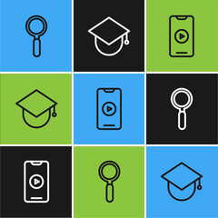 Sticker - Set line Magnifying glass, Online play video and Graduation cap on globe icon. Vector