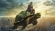 A businessman riding on a giant turtle above city skyline. Generative AI AIG27.