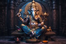 The Ganeshas Are Pictured In Their Sitting Pose, With Gold Plated Hands & Arms. Beautiful Generative AI AIG32