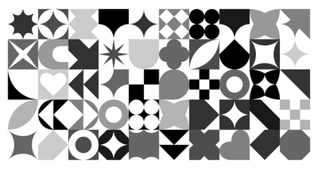 Aufkleber - Black and white abstract shapes backgrounds. Geometric posters in trendy retro bauhaus style. EPS 10	