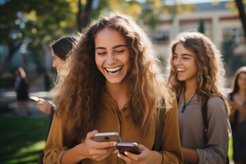 smiling teenage girls laughing while watching a video on a smartphone. They are standing outdoors on the school's campus.