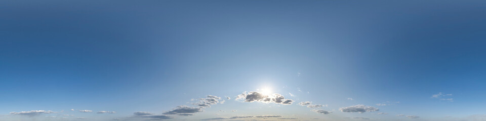 Wall Mural - clear blue skybox with clouds as seamless hdri 360 panorama with zenith in spherical equirectangular