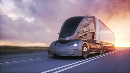 Wall Mural - Futuristic electric truck on highway. Very fast driving.