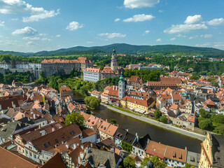 Wall Mural - Aerial view of renaissance chateau castle in Cesky Krumlov above the Vltava river in the Czech Republic