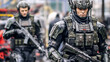 futuristic soldiers patrolling a street in a city, first snowflakes or dust falling, soldier in battle suit, hazmat suit, robot suit, soldier or policeman