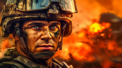 Wall Mural - a soldier with a helmet and a dirty face, in uniform, in the background fire and flames from an explosion, fictitious place and event