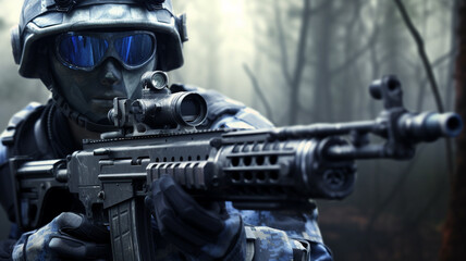 Poster - a soldier with tan paint and helmet and goggles and uniform and gloves with machine gun with visor in foggy forest, special forces or war effort or defense or mission or war