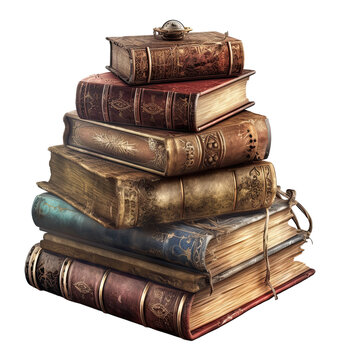 stack of old dark academia magic books isolated on transparent background cutout, generative ai