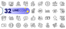 Outline Set Of Discount Banner, Sale And Deflation Line Icons For Web With Rent Car, Currency Exchange, Refund Commission Thin Icon. Payment, Phishing, Piggy Sale Pictogram Icon. Banking. Vector