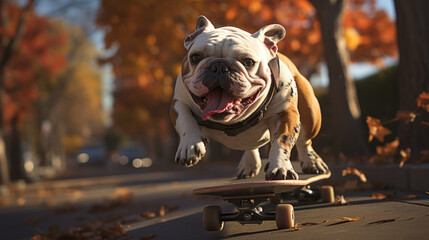 Wall Mural - A bulldog riding skateboard on the street