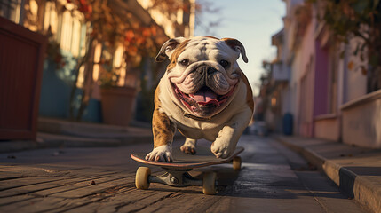 Wall Mural - A bulldog riding skateboard on the street