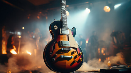 Close-up of electric guitar on a stand on stage