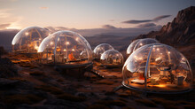 Exploring Martian Colony, Terraforming, Moon Dome City, Geodesic Domes On Mars Surface. 3D Renderings Of Glass Huts. Metal And Glass Geodesic Dome Houses. Ai Generated, Pioneer Space Research, Sci-fi