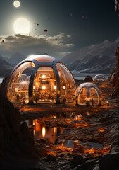 Wall Mural - Exploring martian Colony, terraforming, Moon Dome City, geodesic domes on Mars surface. 3D renderings of glass huts. Metal and glass geodesic dome houses. Ai generated, pioneer space research, sci-fi