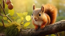 Small Squirrel Nibbles On A Nut While Perched On A Branch, Its Adorable Eyes Gleaming With Curiosity. Generative AI