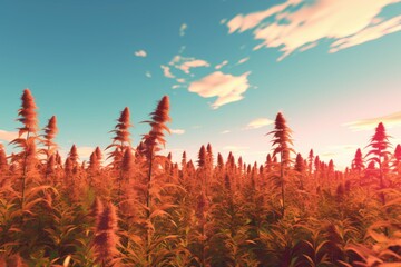 Sticker - marijuana plants in a field, the sun in the distance, and a clear sky. made using generative AI tools