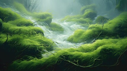 Wall Mural - The delicate tendrils of moss grass sway gently in the breeze, resembling a verdant sea of tiny waves. Generative AI