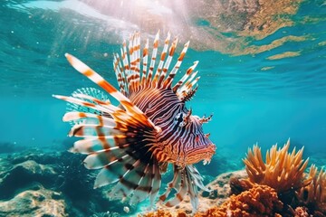 underwater, a predatory lionfish was photographed. a deadly redfish lives on a tropical reef. snorke