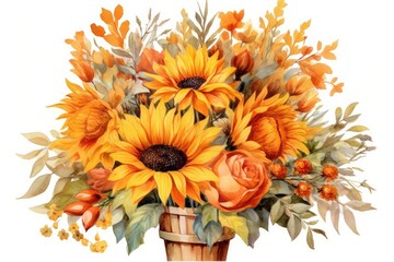 Sticker - Watercolor orange pumpkin autumn backdrop with sunflower bouquet,Autumn arrangement,Farmhouse rustic fall decor,harvest Thanksgiving postcard isolated on white